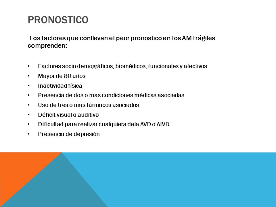 PRONOSTICO Los factores que conllevan el peor pronostico en los AM frágiles comprenden: