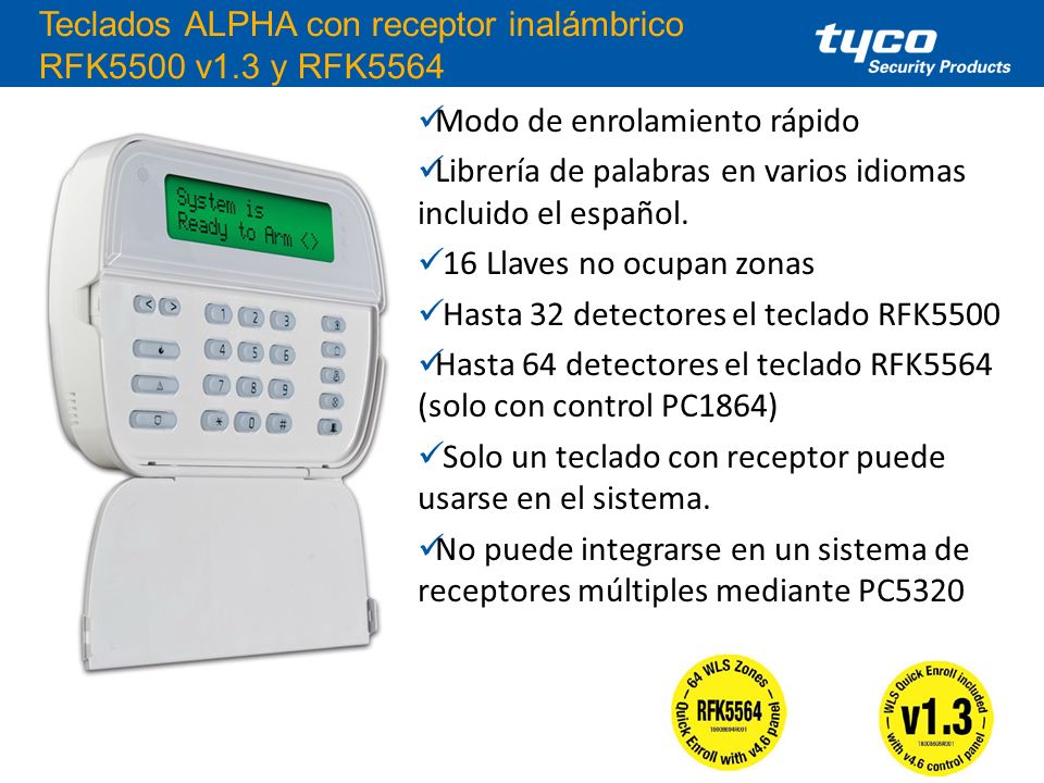 Teclados ALPHA con receptor inalámbrico RFK5500 v1.3 y RFK5564