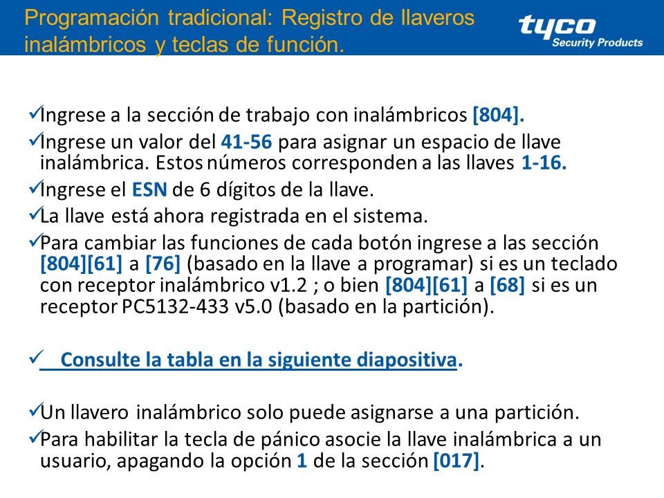 Programación tradicional: Registro de llaveros inalámbricos y teclas de función.