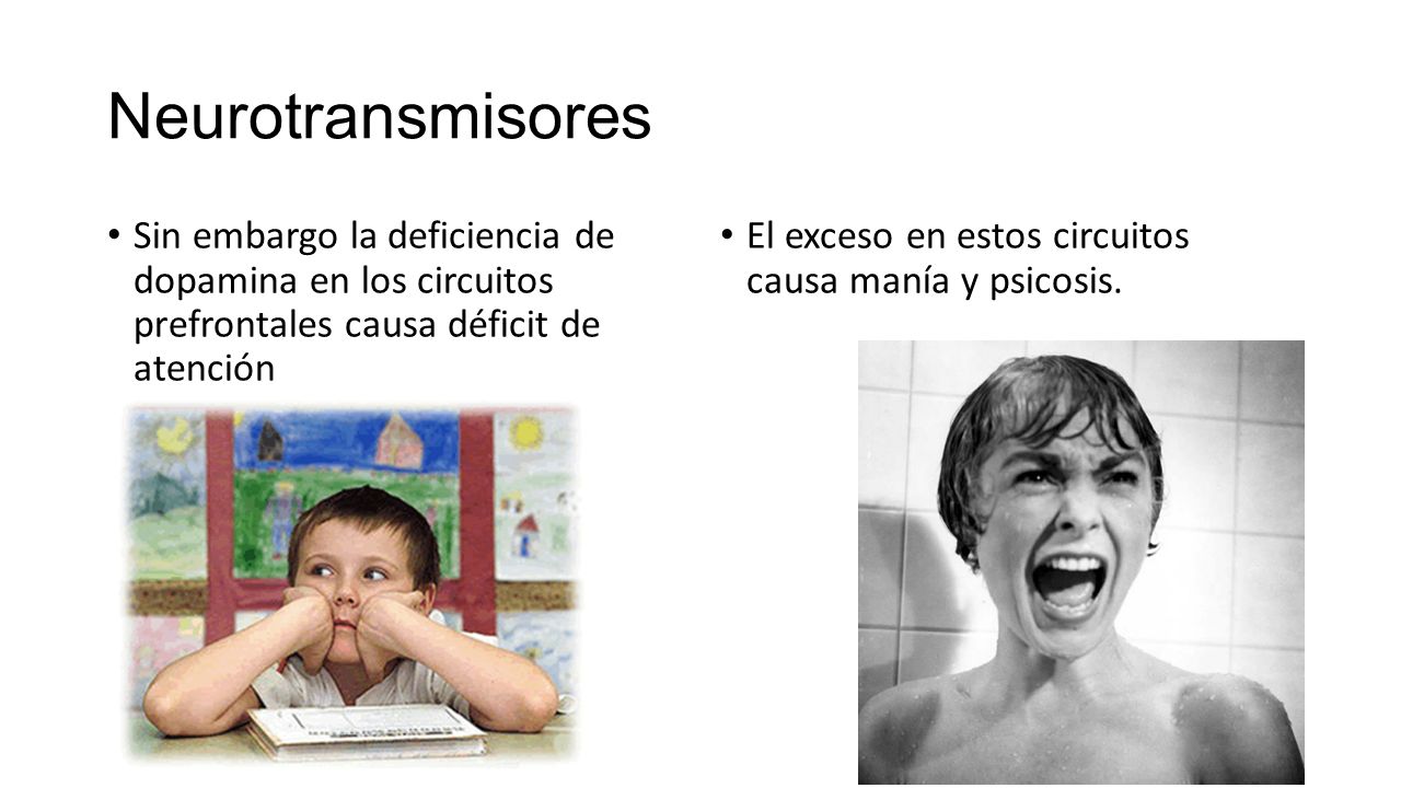 Neurotransmisores Sin embargo la deficiencia de dopamina en los circuitos prefrontales causa déficit de atención.