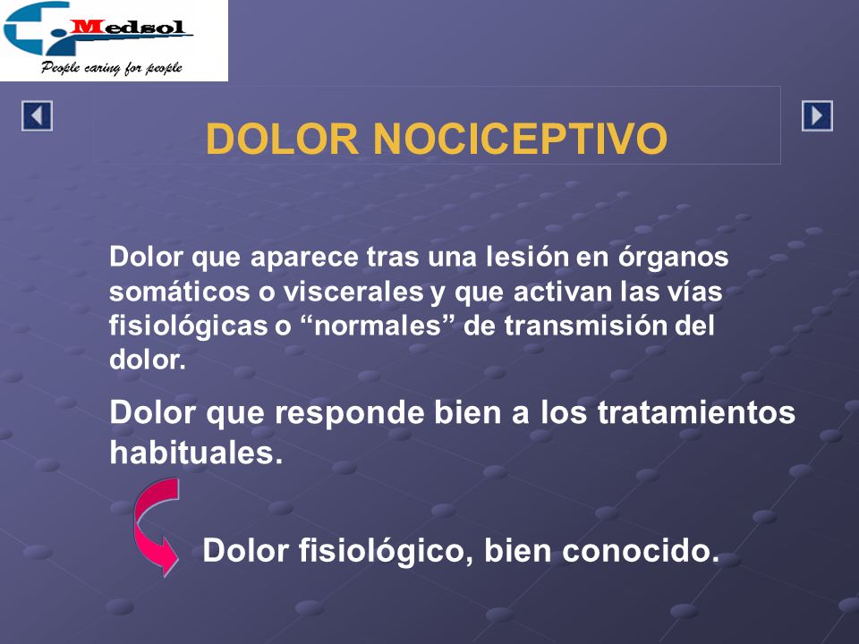 DOLOR NOCICEPTIVO Dolor que responde bien a los tratamientos