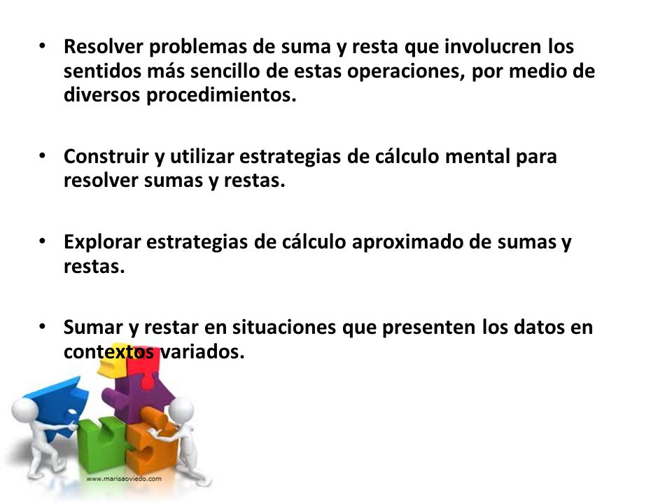 Resolver problemas de suma y resta que involucren los sentidos más sencillo de estas operaciones, por medio de diversos procedimientos.
