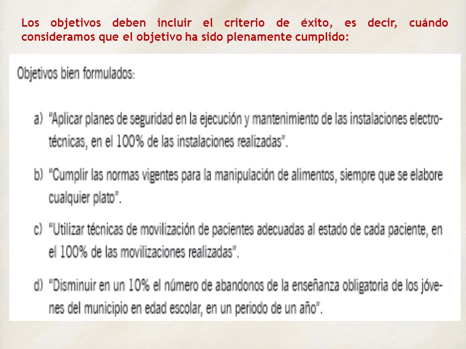 Los objetivos deben incluir el criterio de éxito, es decir, cuándo consideramos que el objetivo ha sido plenamente cumplido: