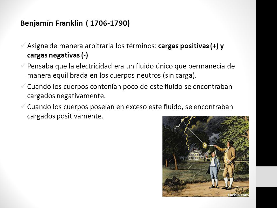 Benjamín Franklin ( ) Asigna de manera arbitraria los términos: cargas positivas (+) y cargas negativas (-)