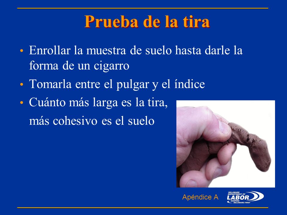 Prueba de la tira Enrollar la muestra de suelo hasta darle la forma de un cigarro. Tomarla entre el pulgar y el índice.