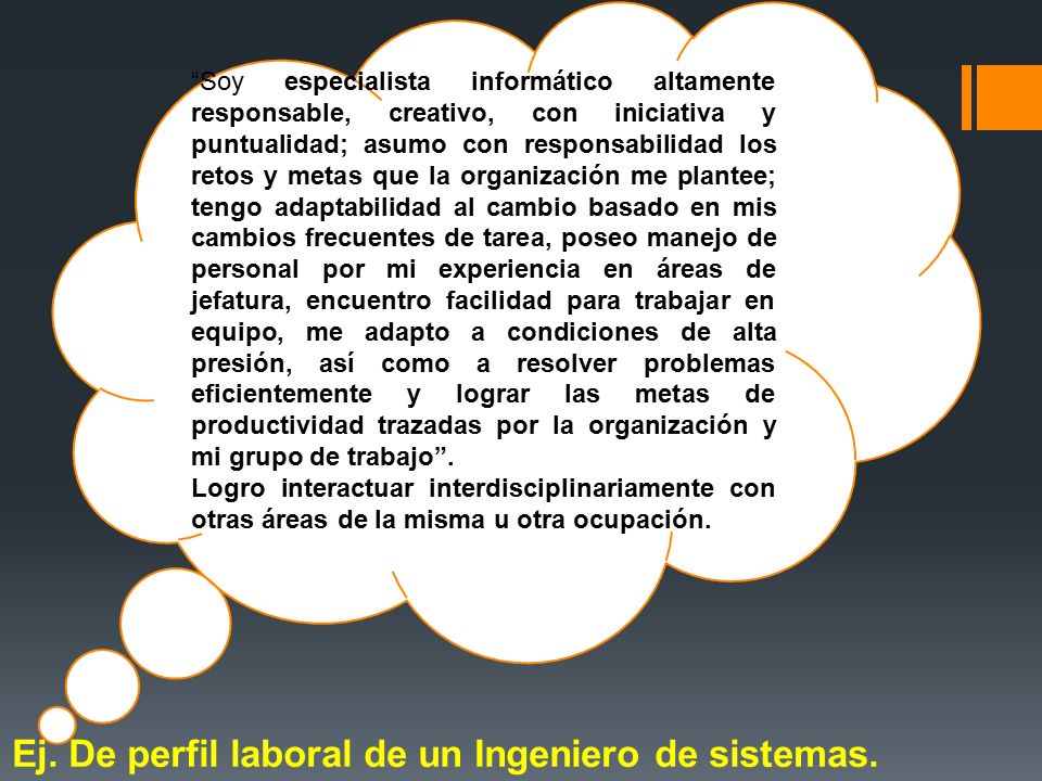 Ej. De perfil laboral de un Ingeniero de sistemas.