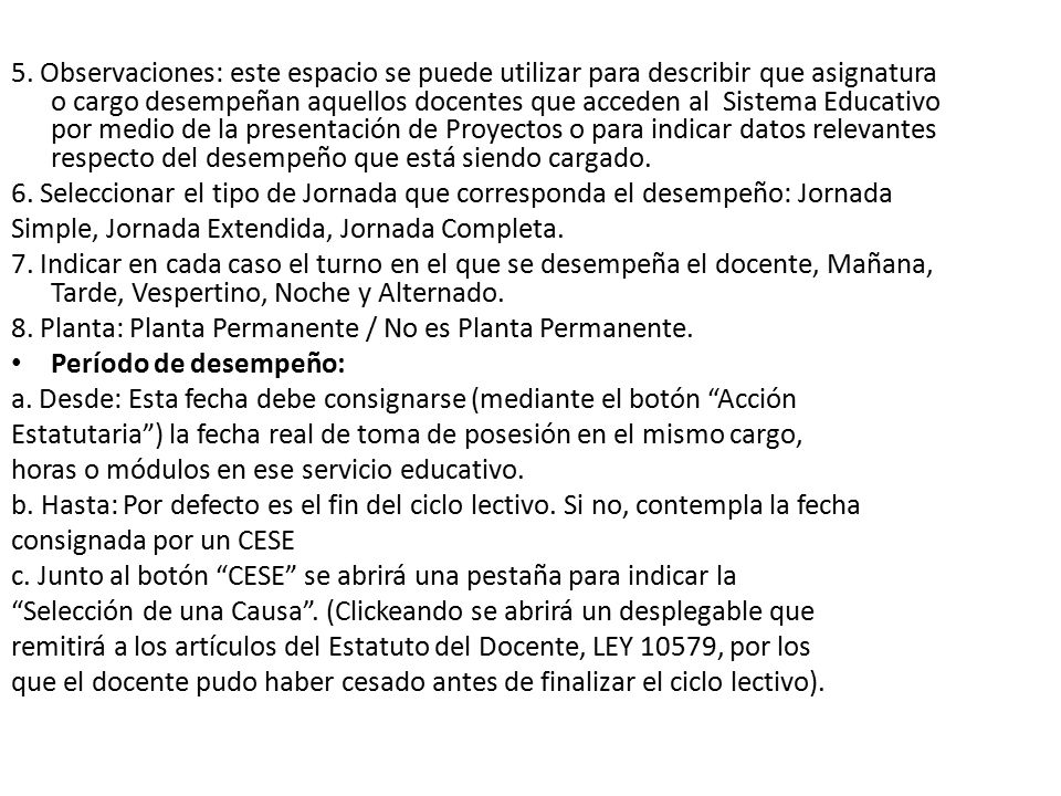 5. Observaciones: este espacio se puede utilizar para describir que asignatura o cargo desempeñan aquellos docentes que acceden al Sistema Educativo por medio de la presentación de Proyectos o para indicar datos relevantes respecto del desempeño que está siendo cargado.