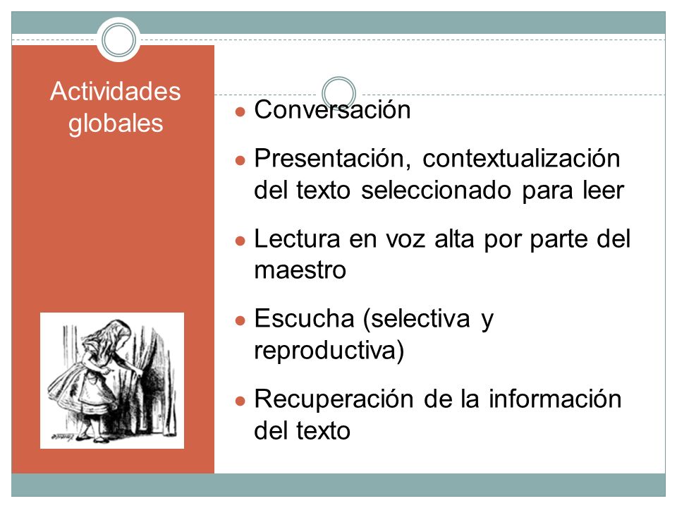 Conversación Presentación, contextualización del texto seleccionado para leer. Lectura en voz alta por parte del maestro.