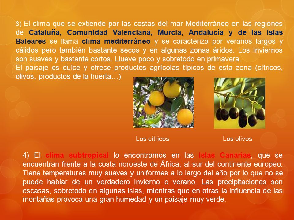 3) El clima que se extiende por las costas del mar Mediterráneo en las regiones de Cataluña, Comunidad Valenciana, Murcia, Andalucía y de las islas Baleares se llama clima mediterráneo y se caracteriza por veranos largos y cálidos pero también bastante secos y en algunas zonas áridos. Los inviernos son suaves y bastante cortos. Llueve poco y sobretodo en primavera.