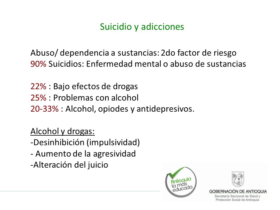 Suicidio y adicciones Abuso/ dependencia a sustancias: 2do factor de riesgo. 90% Suicidios: Enfermedad mental o abuso de sustancias.