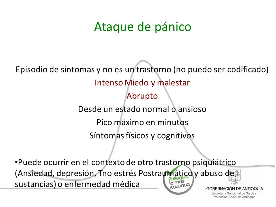Ataque de pánico Episodio de síntomas y no es un trastorno (no puedo ser codificado) Intenso Miedo y malestar.