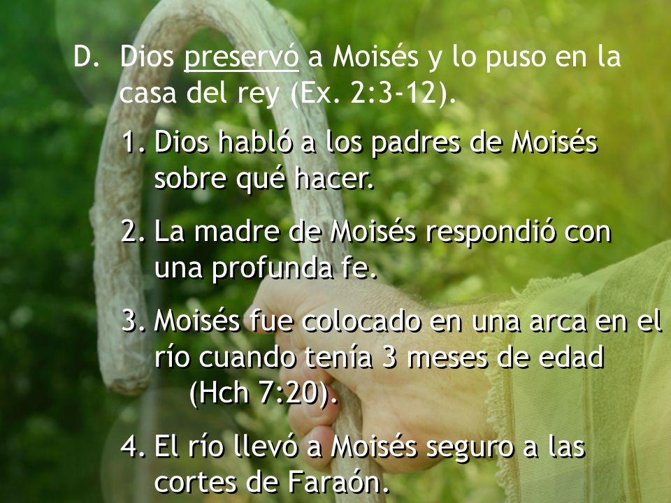 D. Dios preservó a Moisés y lo puso en la casa del rey (Ex. 2:3-12).