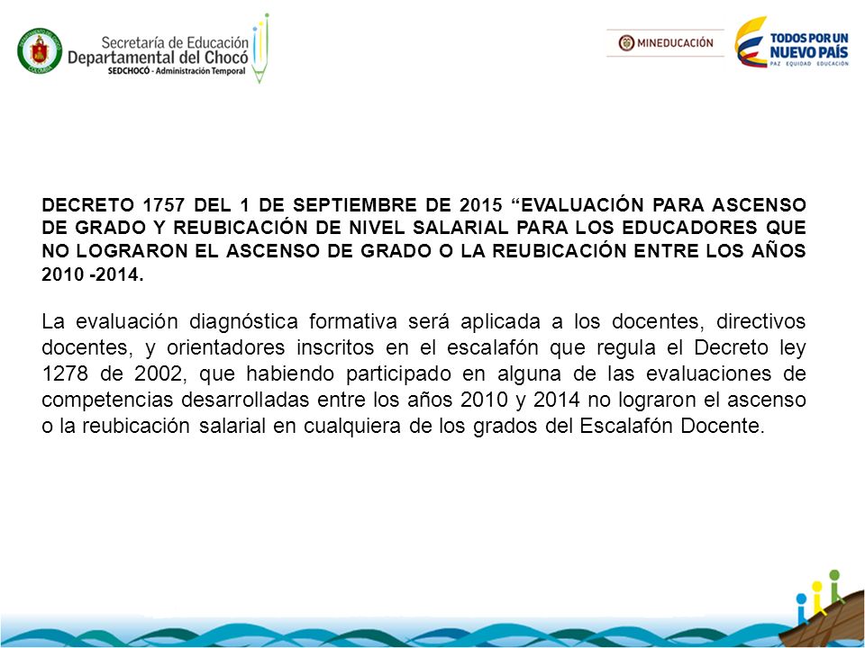 DECRETO 1757 DEL 1 DE SEPTIEMBRE DE 2015 EVALUACIÓN PARA ASCENSO DE GRADO Y REUBICACIÓN DE NIVEL SALARIAL PARA LOS EDUCADORES QUE NO LOGRARON EL ASCENSO DE GRADO O LA REUBICACIÓN ENTRE LOS AÑOS
