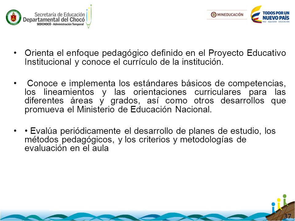 Orienta el enfoque pedagógico definido en el Proyecto Educativo Institucional y conoce el currículo de la institución.