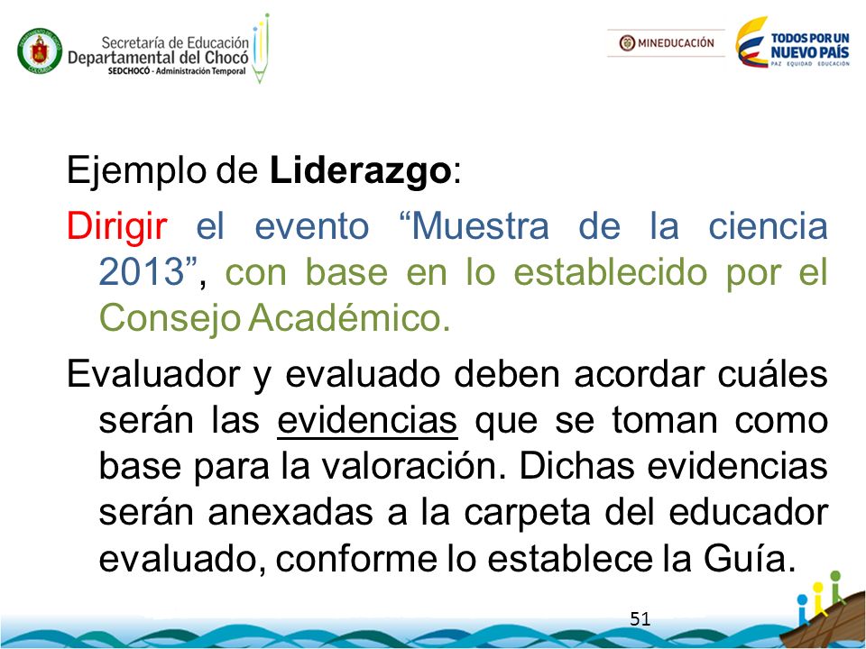Ejemplo de Liderazgo: Dirigir el evento Muestra de la ciencia 2013 , con base en lo establecido por el Consejo Académico.