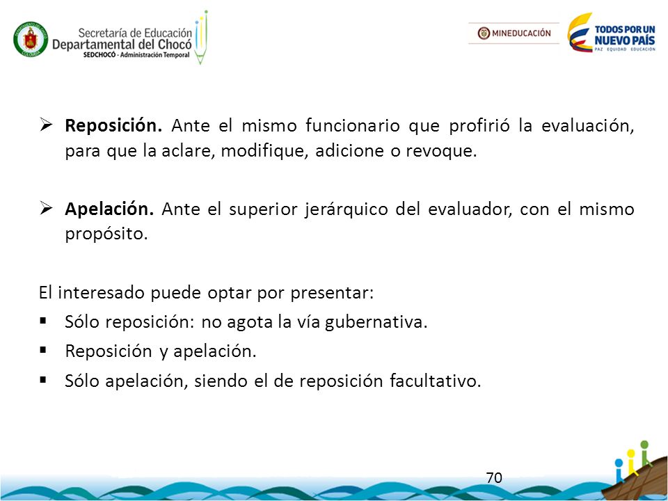 Reposición. Ante el mismo funcionario que profirió la evaluación, para que la aclare, modifique, adicione o revoque.