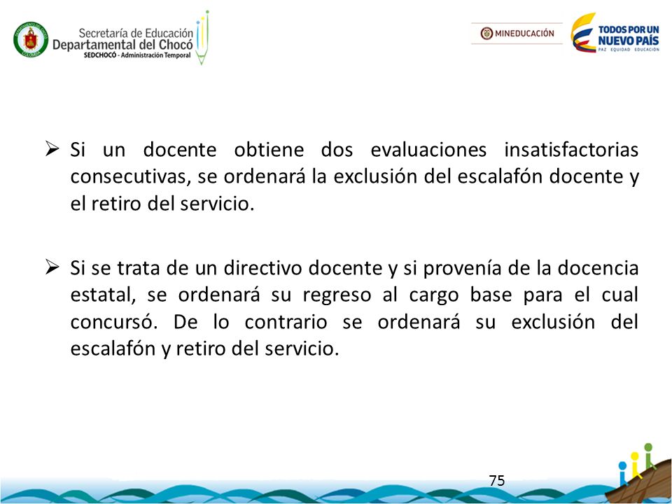 Si un docente obtiene dos evaluaciones insatisfactorias consecutivas, se ordenará la exclusión del escalafón docente y el retiro del servicio.