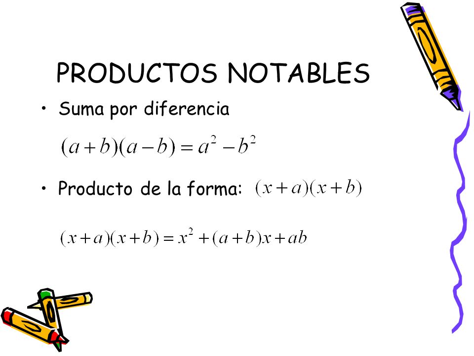 PRODUCTOS NOTABLES Suma por diferencia Producto de la forma: