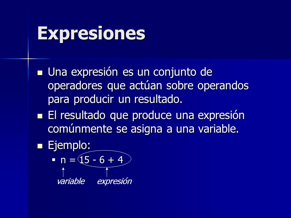 Expresiones Una expresión es un conjunto de operadores que actúan sobre operandos para producir un resultado.