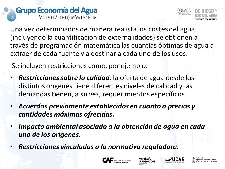 Una vez determinados de manera realista los costes del agua (incluyendo la cuantificación de externalidades) se obtienen a través de programación matemática las cuantías óptimas de agua a extraer de cada fuente y a destinar a cada uno de los usos.