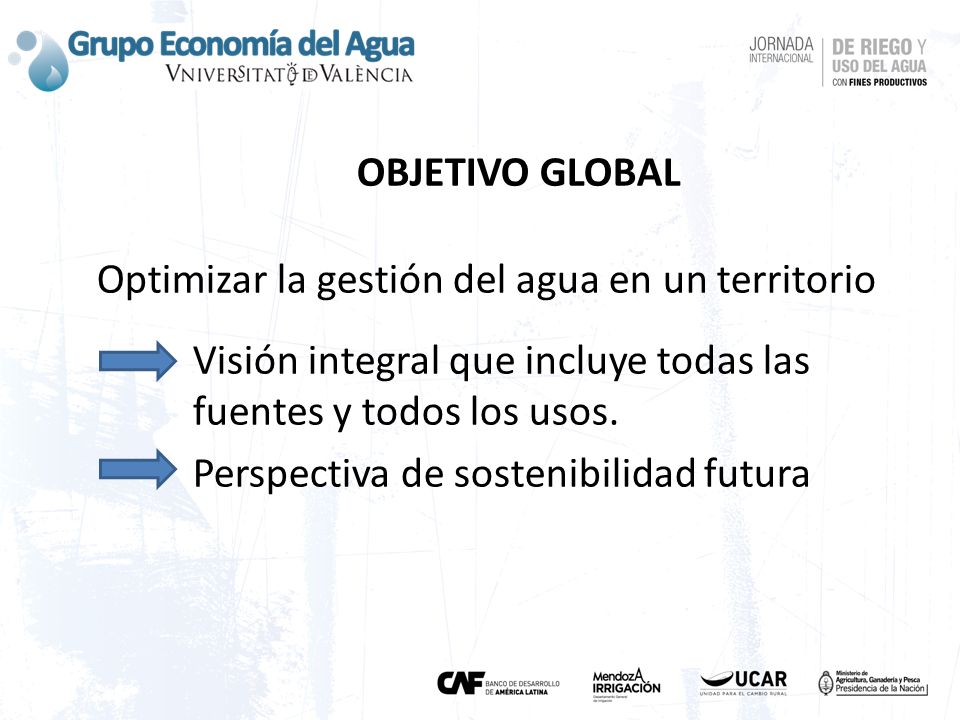 OBJETIVO GLOBAL Optimizar la gestión del agua en un territorio. Visión integral que incluye todas las fuentes y todos los usos.