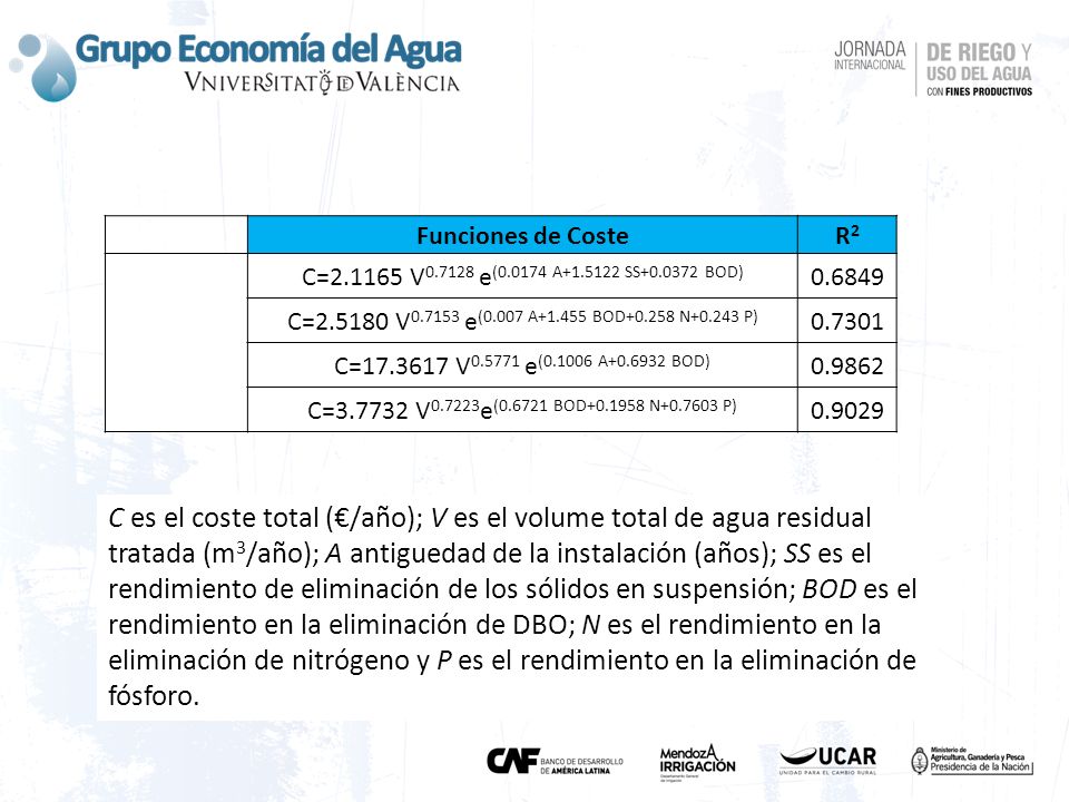 Funciones de Coste R2. C= V e( A SS BOD) C= V e(0.007 A BOD N P)