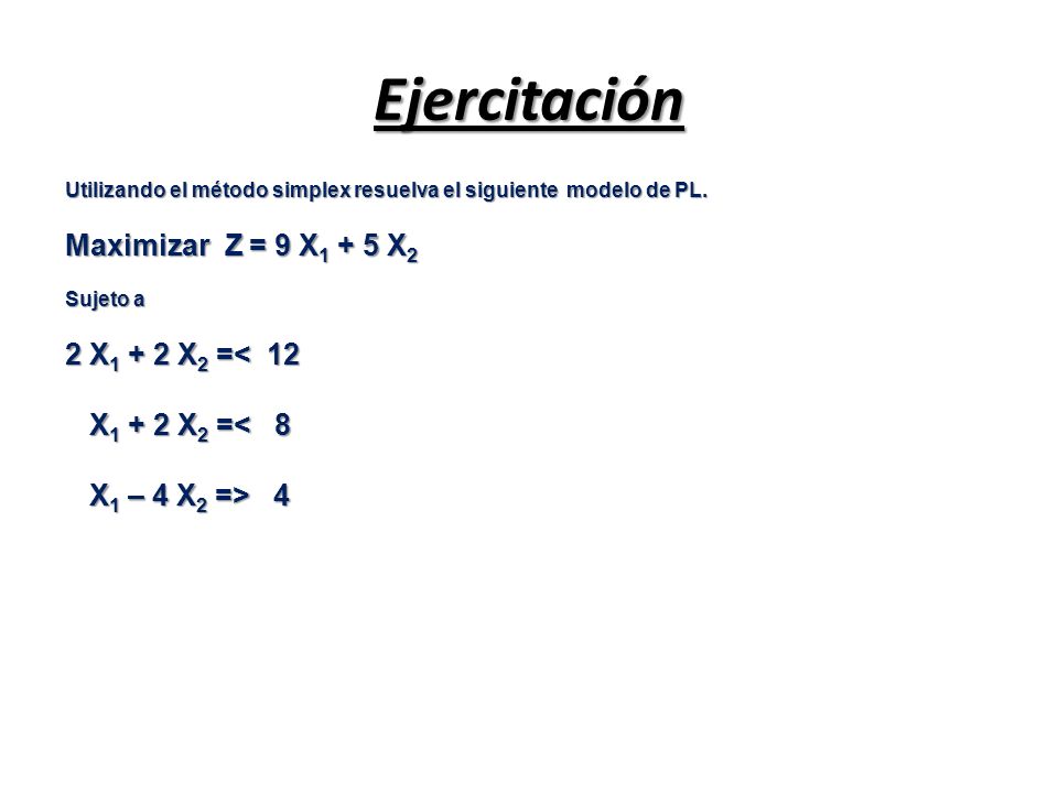 Ejercitación Maximizar Z = 9 X1 + 5 X2 2 X1 + 2 X2 =< 12
