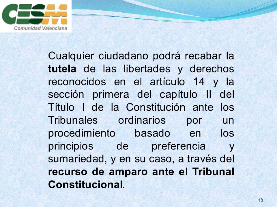 Cualquier ciudadano podrá recabar la tutela de las libertades y derechos reconocidos en el artículo 14 y la sección primera del capítulo II del Título I de la Constitución ante los Tribunales ordinarios por un procedimiento basado en los principios de preferencia y sumariedad, y en su caso, a través del recurso de amparo ante el Tribunal Constitucional.