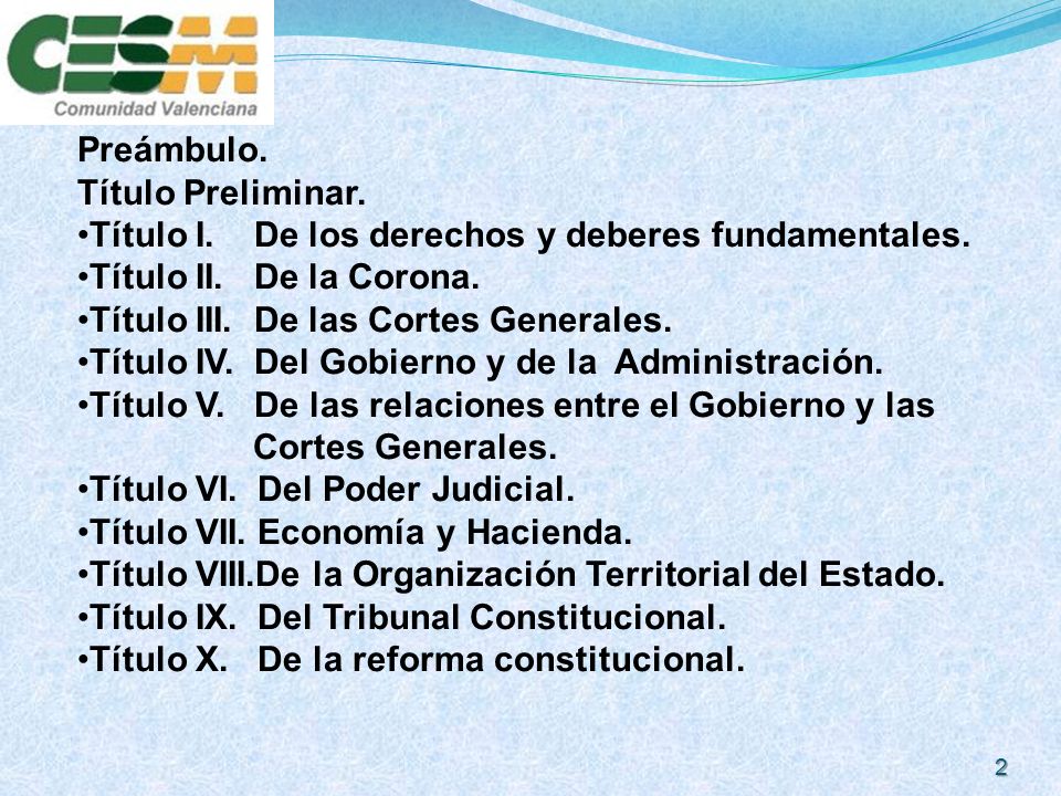 Preámbulo. Título Preliminar. Título I. De los derechos y deberes fundamentales. Título II. De la Corona.