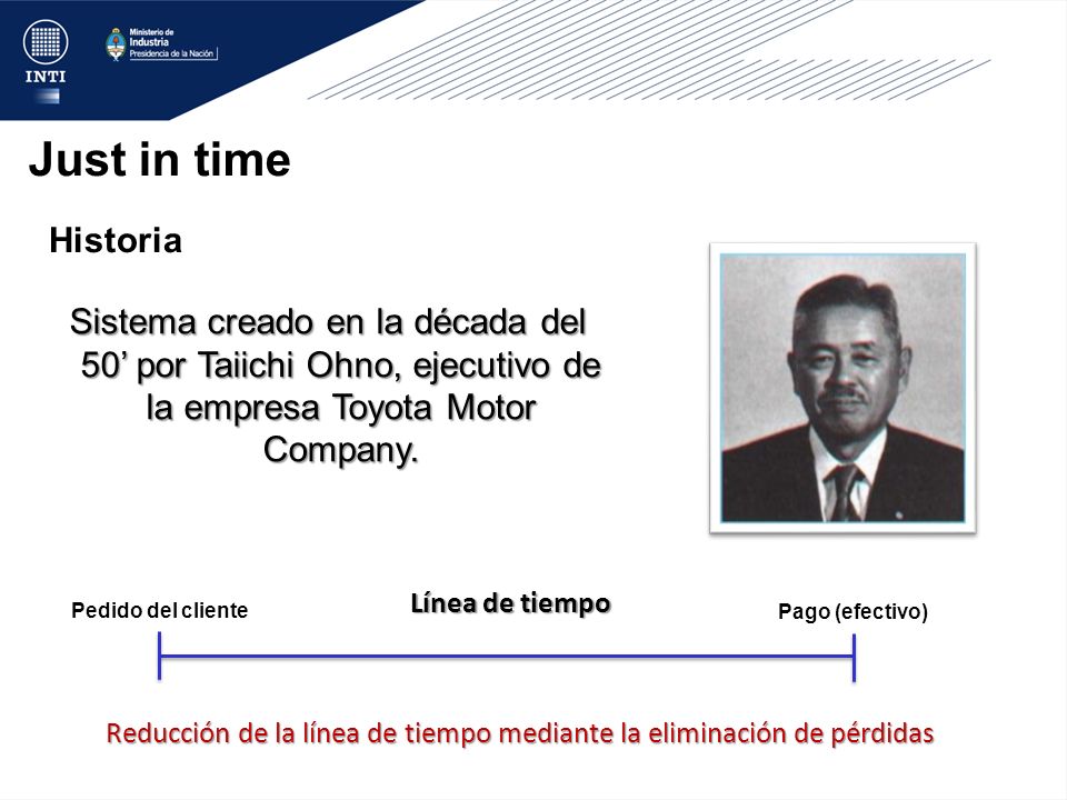 Just in time Historia. Sistema creado en la década del 50’ por Taiichi Ohno, ejecutivo de la empresa Toyota Motor Company.