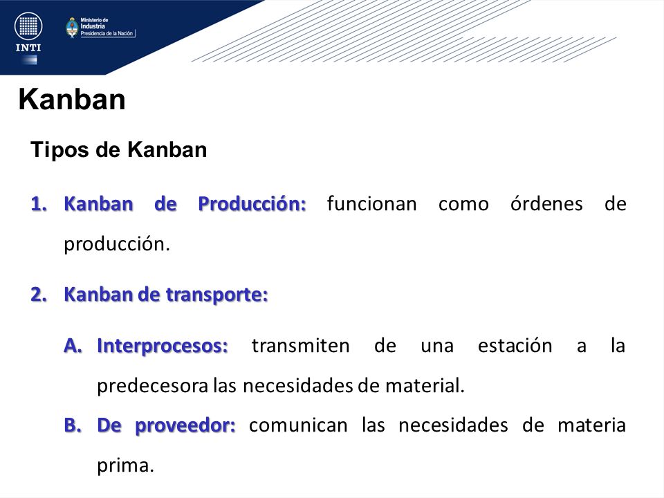 Kanban Tipos de Kanban. Kanban de Producción: funcionan como órdenes de producción. Kanban de transporte: