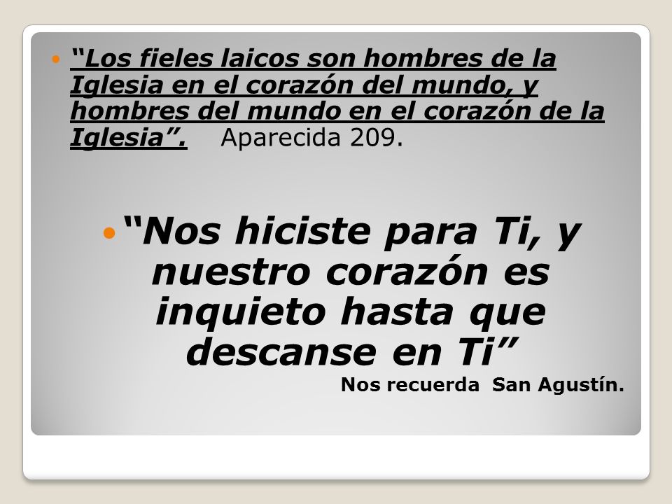 Los fieles laicos son hombres de la Iglesia en el corazón del mundo, y hombres del mundo en el corazón de la Iglesia . Aparecida 209.