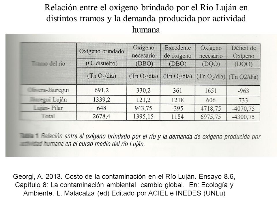 Relación entre el oxígeno brindado por el Río Luján en distintos tramos y la demanda producida por actividad humana