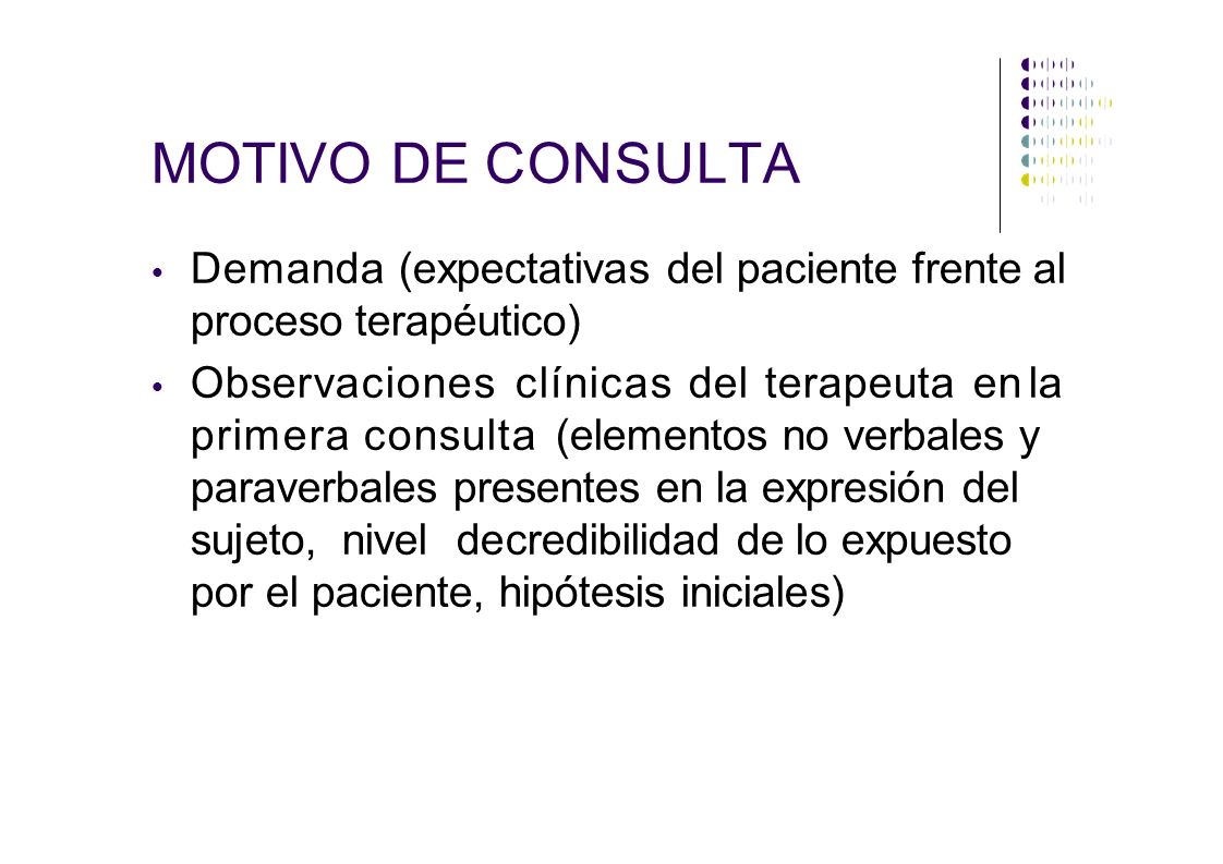MOTIVO DE CONSULTA Demanda (expectativas del paciente frente al proceso terapéutico)