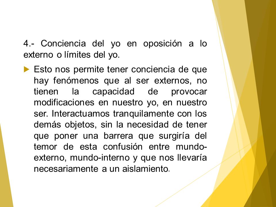 4.- Conciencia del yo en oposición a lo externo o límites del yo.