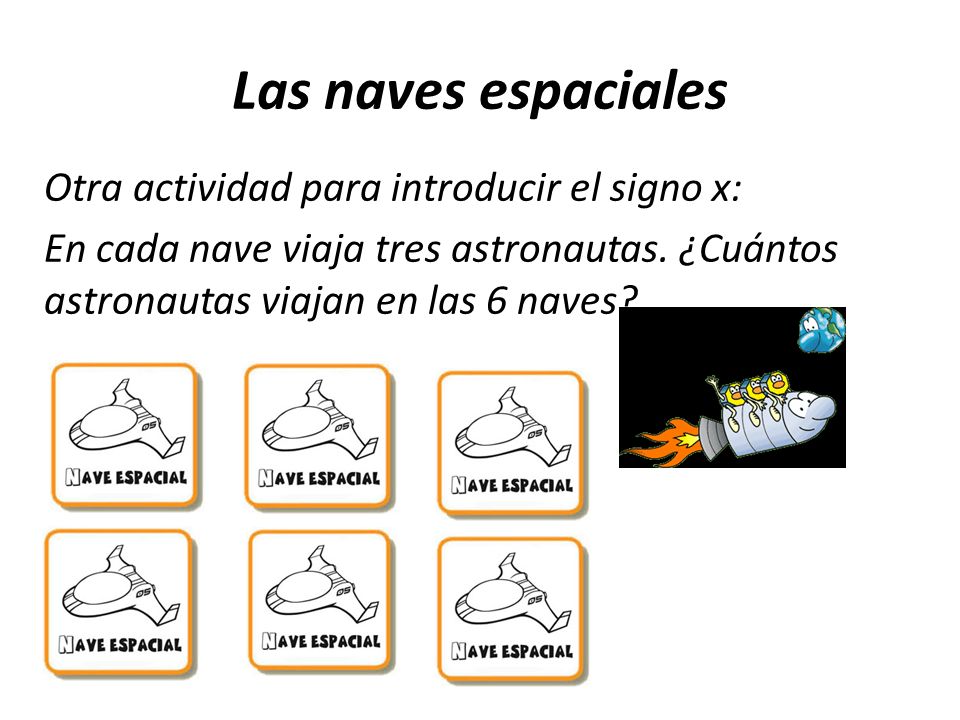 Las naves espaciales Otra actividad para introducir el signo x: En cada nave viaja tres astronautas.