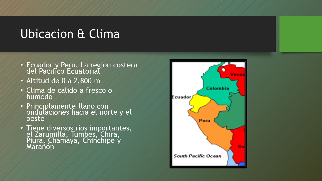 Ubicacion & Clima Ecuador y Peru. La region costera del Pacifico Ecuatorial. Altitud de 0 a 2,800 m.