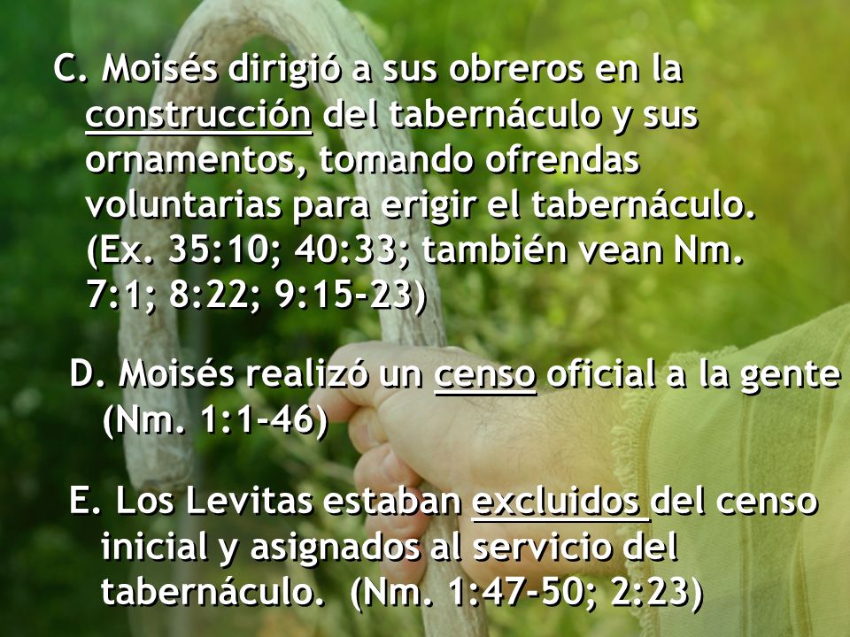 C. Moisés dirigió a sus obreros en la construcción del tabernáculo y sus ornamentos, tomando ofrendas voluntarias para erigir el tabernáculo. (Ex. 35:10; 40:33; también vean Nm. 7:1; 8:22; 9:15-23)