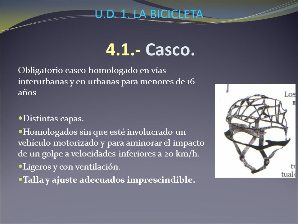 U.D. 1. LA BICICLETA Casco. Obligatorio casco homologado en vías interurbanas y en urbanas para menores de 16 años.