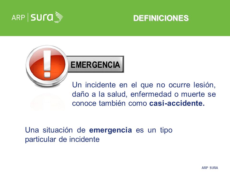 DEFINICIONES Un incidente en el que no ocurre lesión, daño a la salud, enfermedad o muerte se conoce también como casi-accidente.