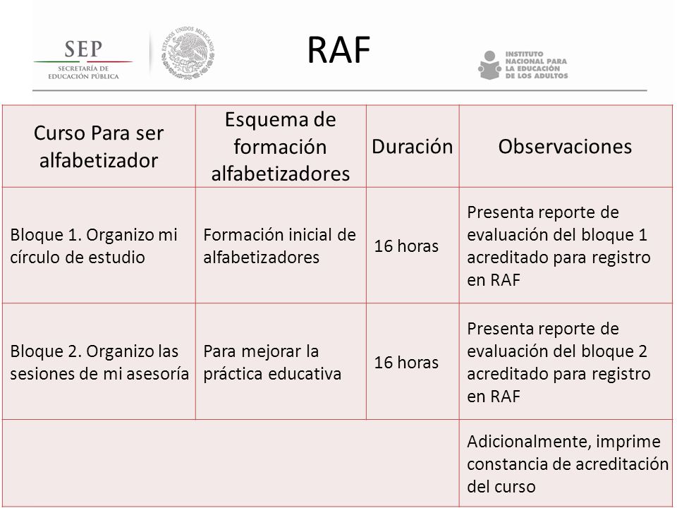 RAF Curso Para ser alfabetizador Esquema de formación alfabetizadores