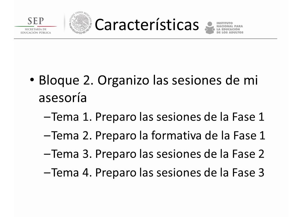 Características Bloque 2. Organizo las sesiones de mi asesoría