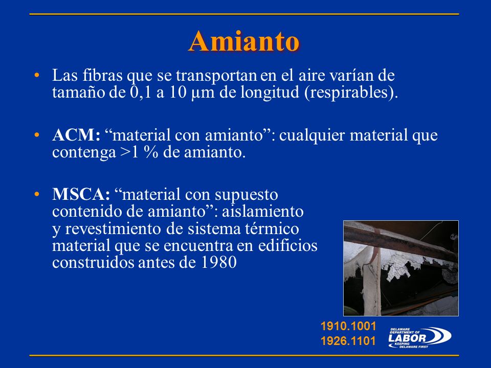 Amianto Las fibras que se transportan en el aire varían de tamaño de 0,1 a 10 µm de longitud (respirables).