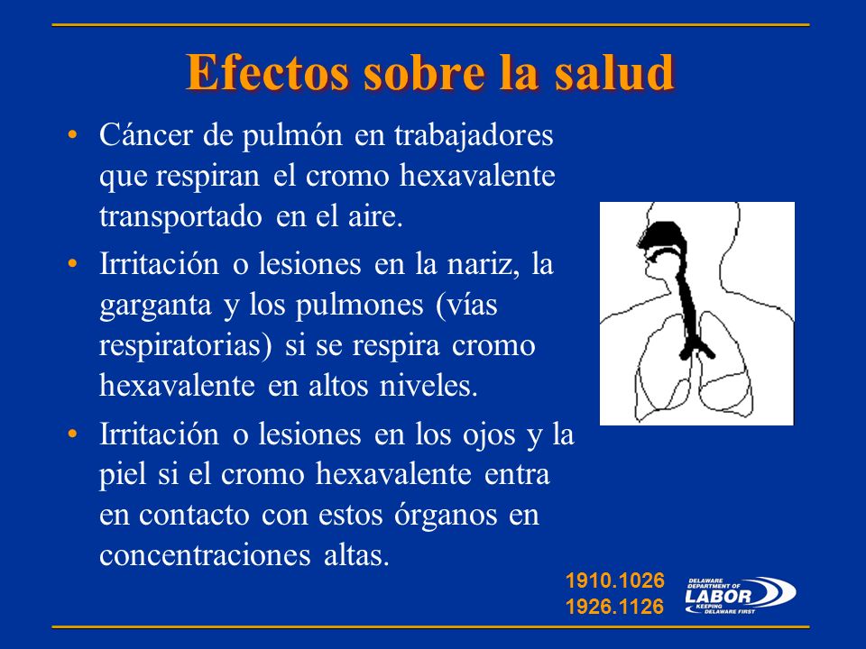 Efectos sobre la salud Cáncer de pulmón en trabajadores que respiran el cromo hexavalente transportado en el aire.