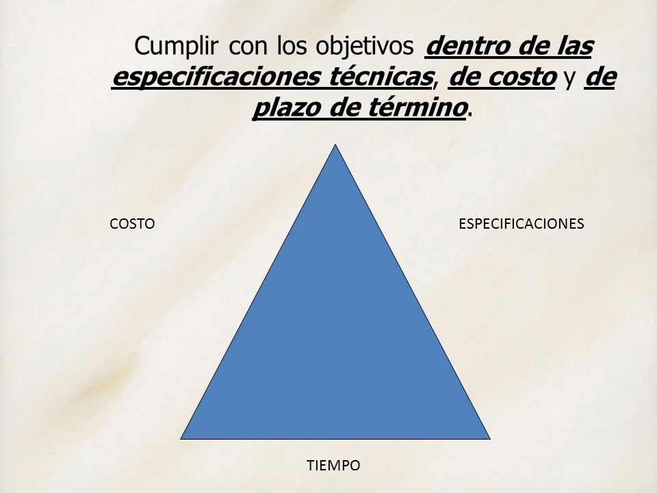 Cumplir con los objetivos dentro de las especificaciones técnicas, de costo y de plazo de término.