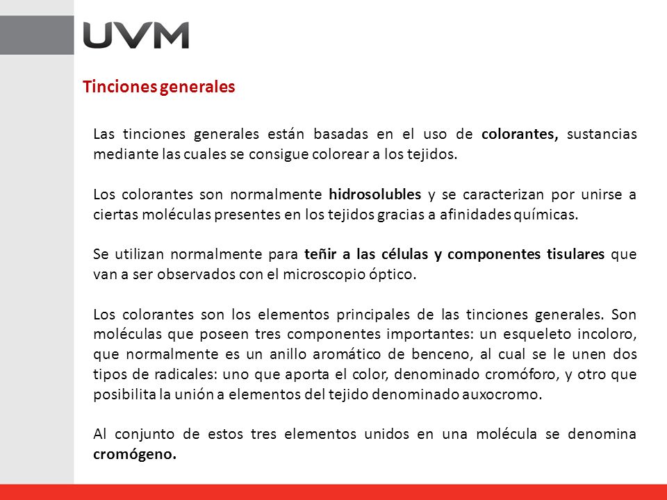 Tinciones generales Las tinciones generales están basadas en el uso de colorantes, sustancias mediante las cuales se consigue colorear a los tejidos.