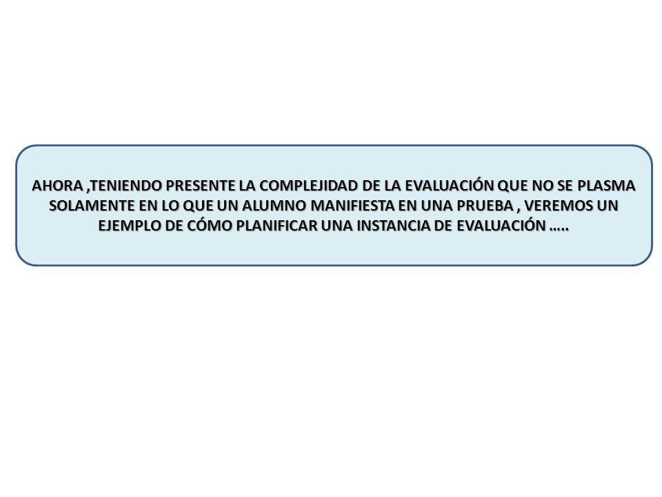 AHORA ,TENIENDO PRESENTE LA COMPLEJIDAD DE LA EVALUACIÓN QUE NO SE PLASMA SOLAMENTE EN LO QUE UN ALUMNO MANIFIESTA EN UNA PRUEBA , VEREMOS UN EJEMPLO DE CÓMO PLANIFICAR UNA INSTANCIA DE EVALUACIÓN …..