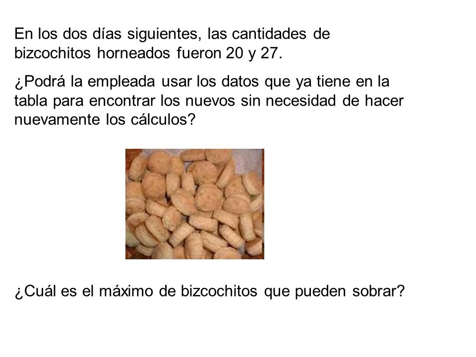 En los dos días siguientes, las cantidades de bizcochitos horneados fueron 20 y 27.