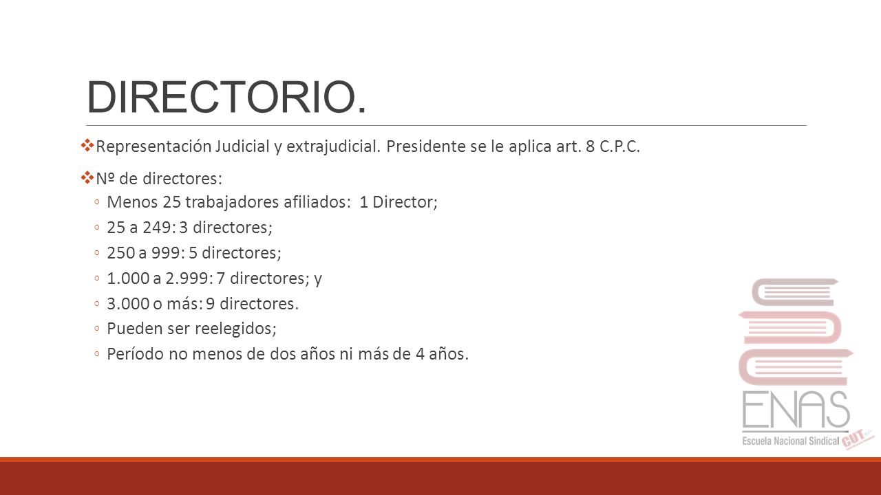 DIRECTORIO. Representación Judicial y extrajudicial. Presidente se le aplica art. 8 C.P.C. Nº de directores: