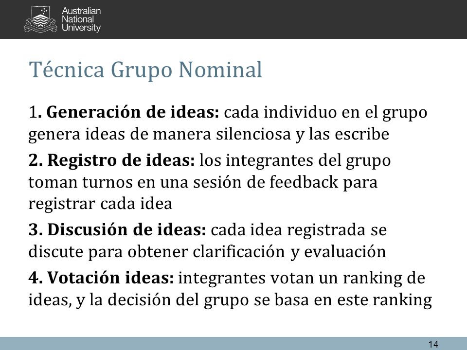 Técnica Grupo Nominal 1. Generación de ideas: cada individuo en el grupo genera ideas de manera silenciosa y las escribe.
